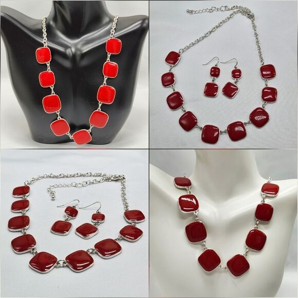 💜Red & Silver Plated Square Necklace & Dangling Earrings - Picture 7 of 16